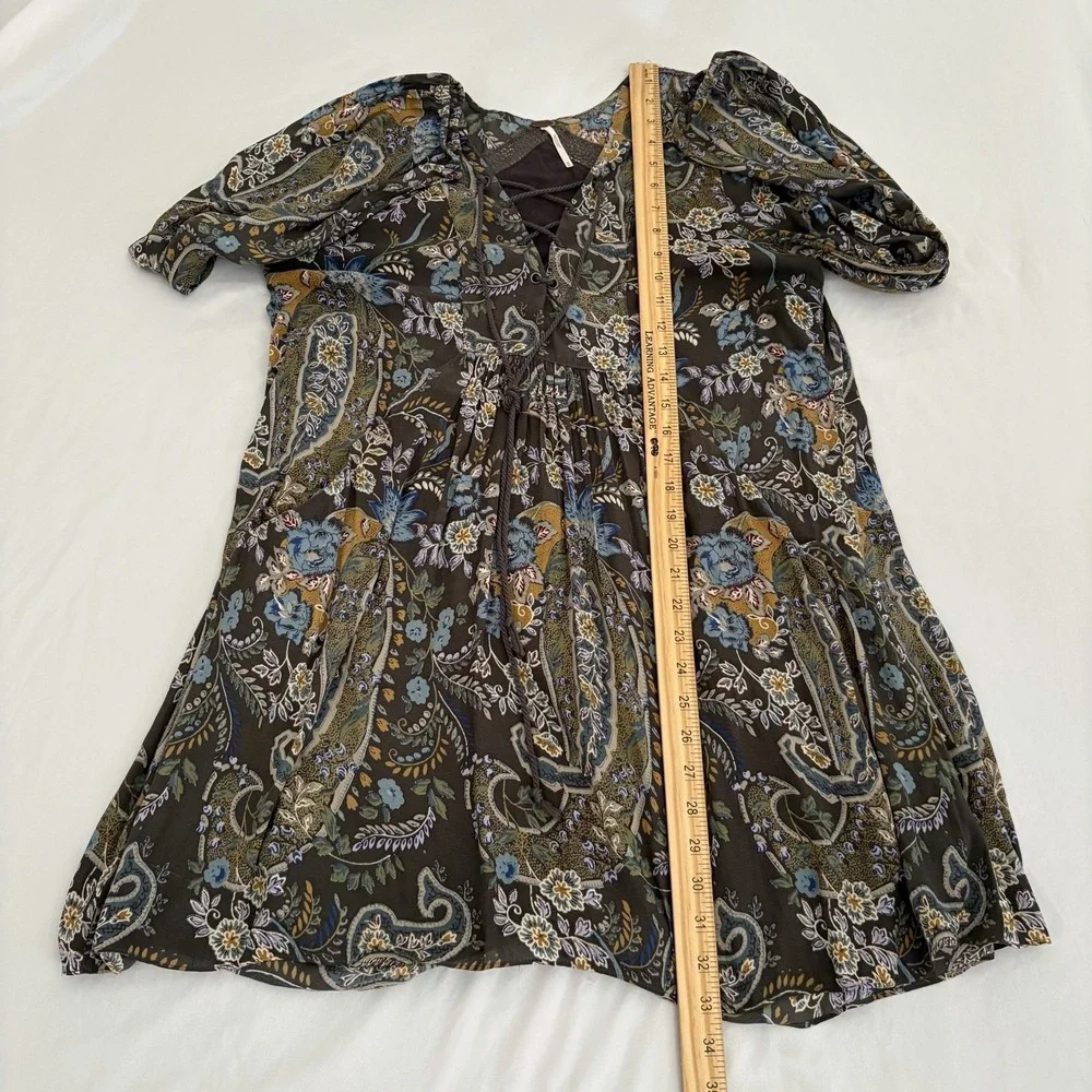 Free People Rain or Shine Tie Up‎ Tunic Dress Womens Gray Paisley Floral Medium